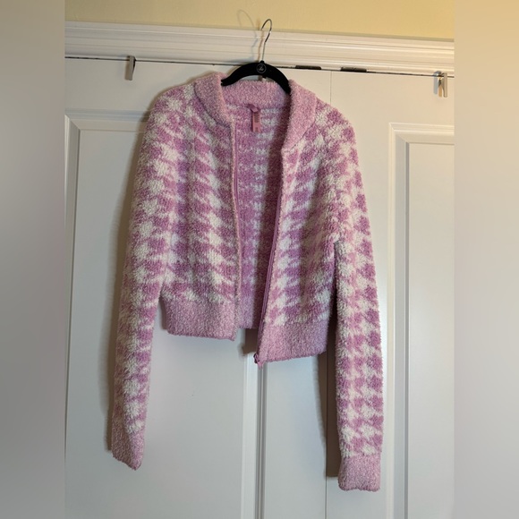 SKIMS Cozy Sweater Zip Up Petal Houndstooth‎ Pink Sz S/M - Picture 3 of 15